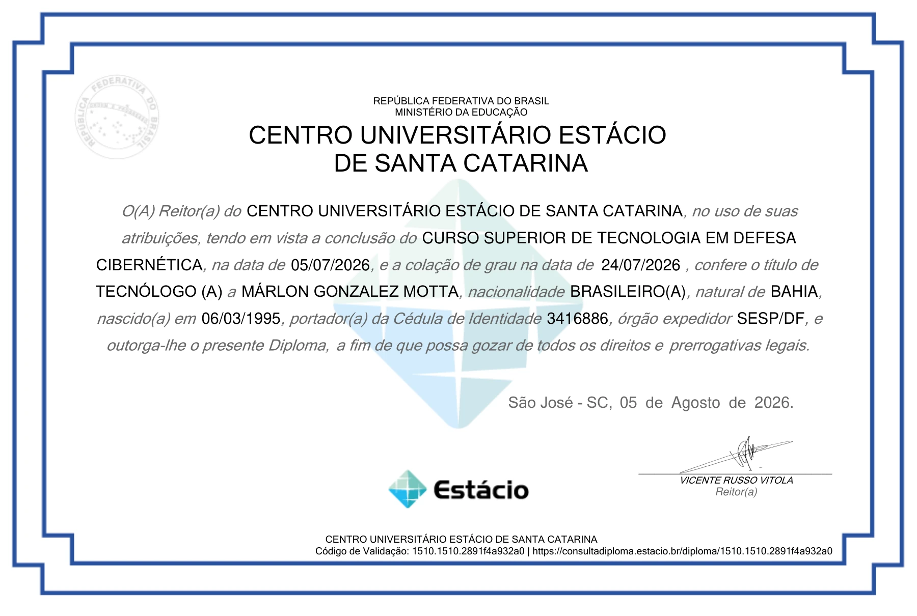 Frente do diploma de tecnólogo em Defesa Cibernética de Marlon Gonzalez Motta