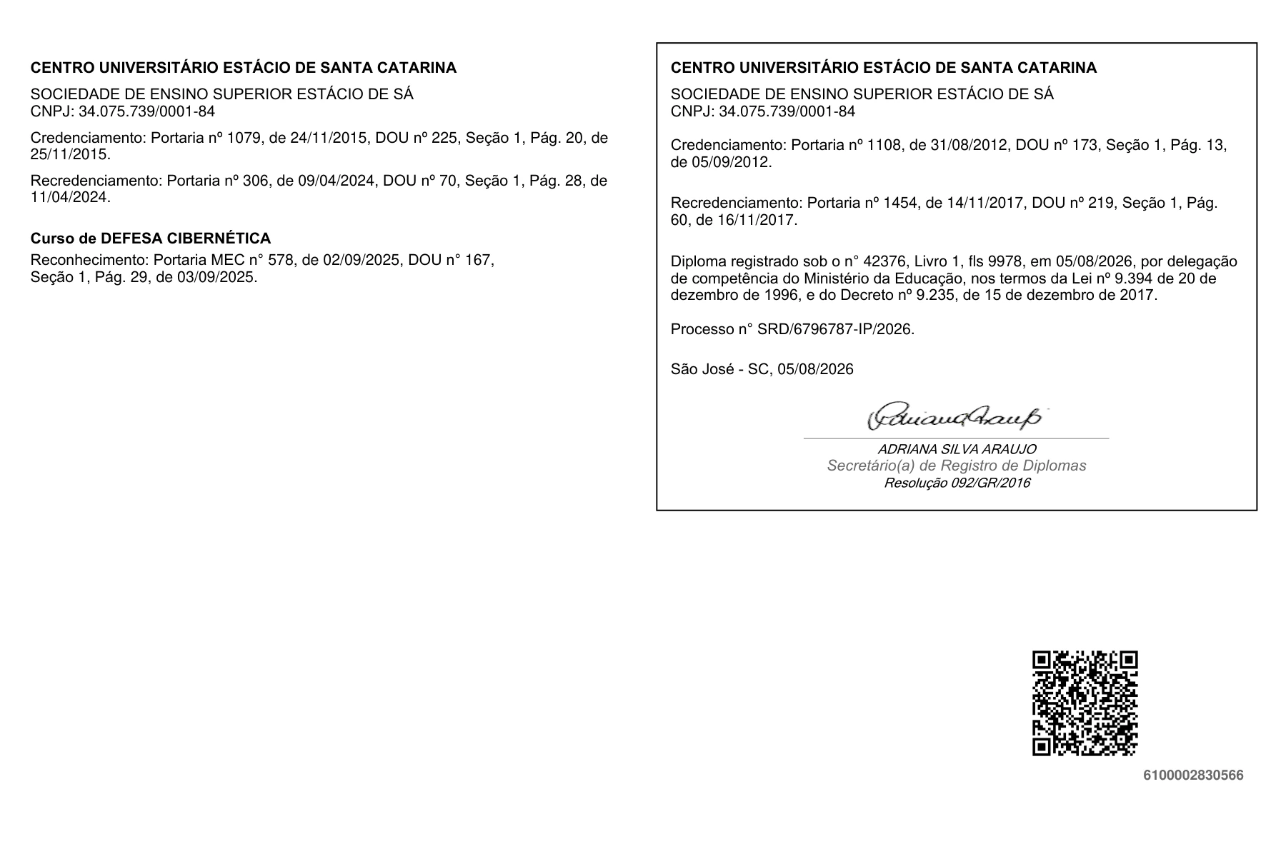 Verso do diploma com os dados de registro e reconhecimento do curso